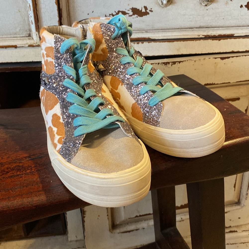 Gianni bini Womens Cow Fur Glitter Colorblock High Top Sneakers - Picture 2 of 8